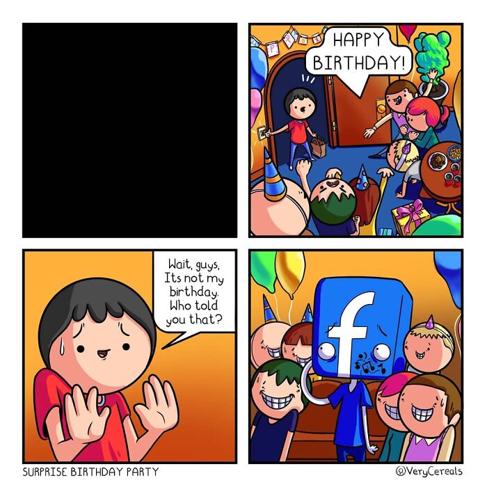 Comic panels showing weird and dark humor with birthday party and a character wearing a Facebook logo mask.
