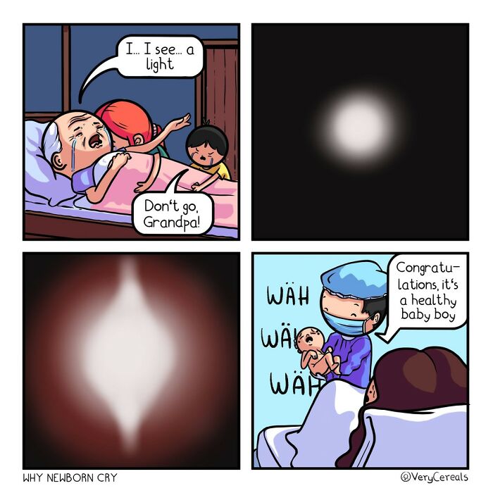 Comic strip by Very Cereals showing dark humor with a grandpa seeing a light and a newborn baby announcement.