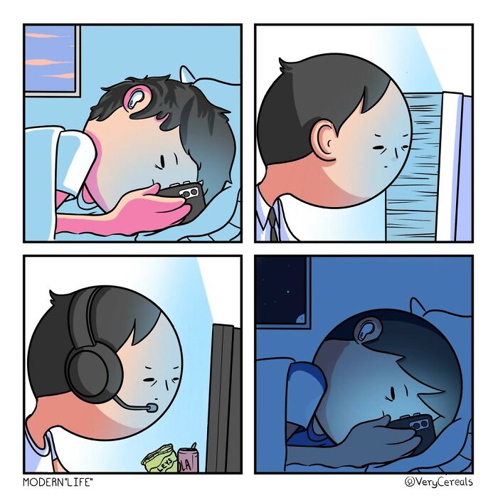 Comic panels showing characters with exaggerated heads engaged in daily life, illustrating weird and dark humor by Very Cereals.