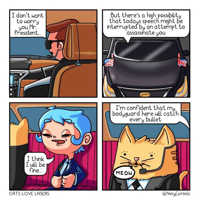 Comic strip featuring weird and dark humor with a cat bodyguard protecting a president from assassination attempts.