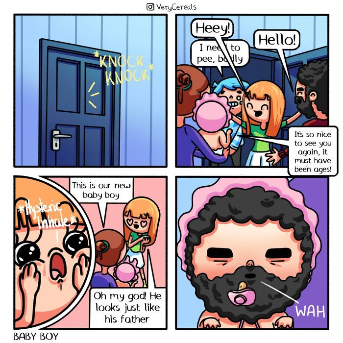 Comic strip by Very Cereals featuring weird and dark humor with a surprising family baby reveal.
