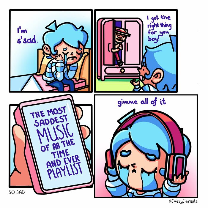 Comic panels showing a sad character finding the saddest music playlist, reflecting weird and dark humor style.