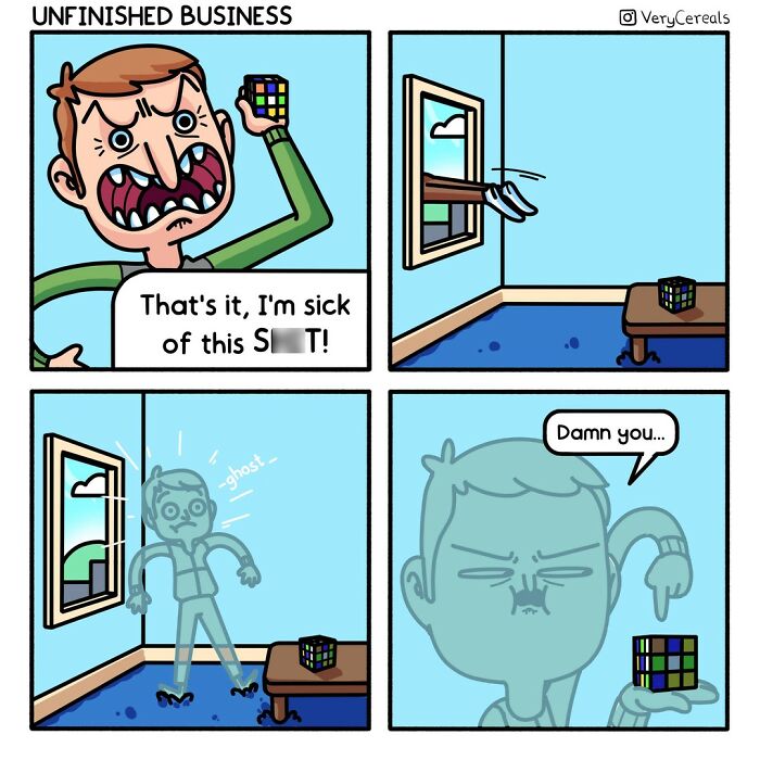 Comic strip by Very Cereals showing dark humor with a frustrated man, a Rubik's cube, and a ghost in a room.