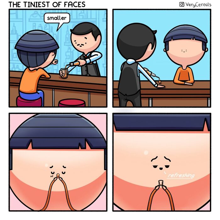 Cartoon comic by Very Cereals showing weird and dark humor with a tiny face and smaller glass in four panels.