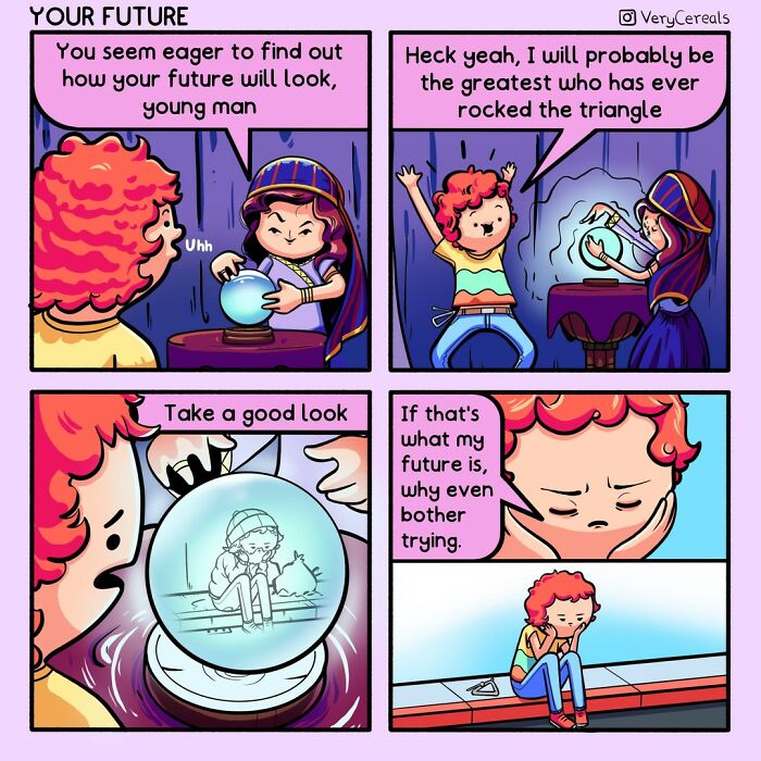 Comic by Very Cereals showing dark humor about a young man’s future with a crystal ball and emotional reaction.