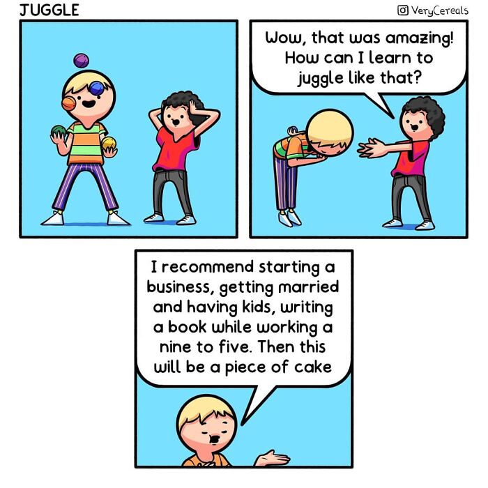 Comic by Very Cereals showing characters discussing juggling with weird and dark humor in a colorful cartoon style.