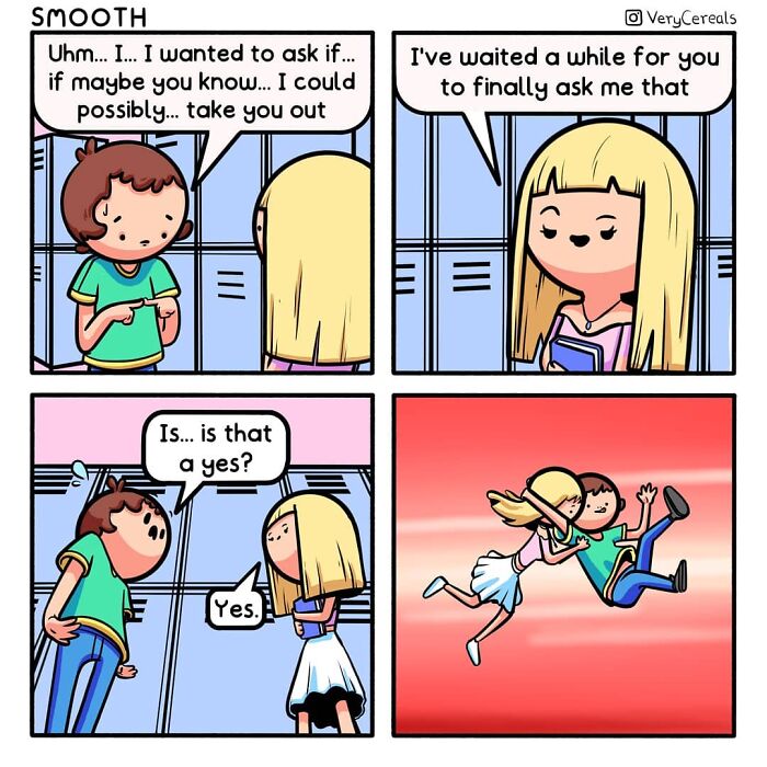 Comic by Very Cereals showing a funny awkward moment with dark humor in a school hallway setting.