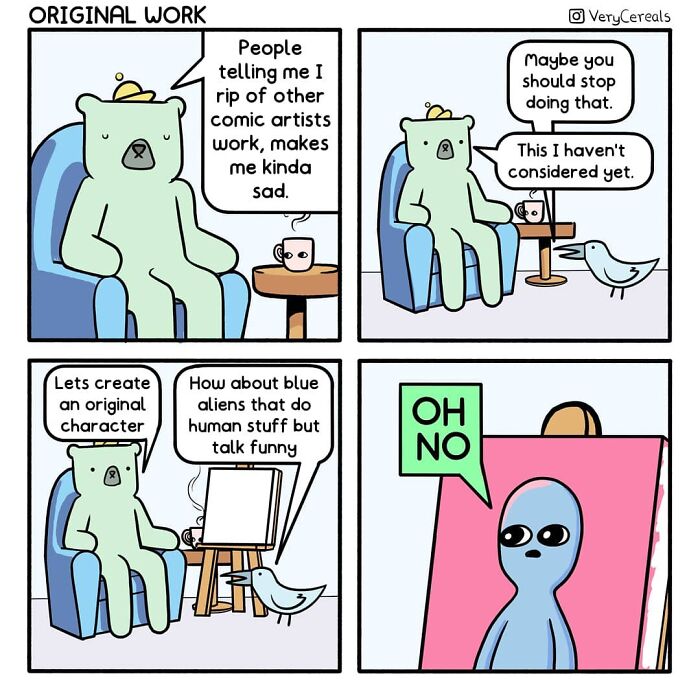 Comic panels by Very Cereals featuring a bear and bird discussing original characters with weird and dark humor style.