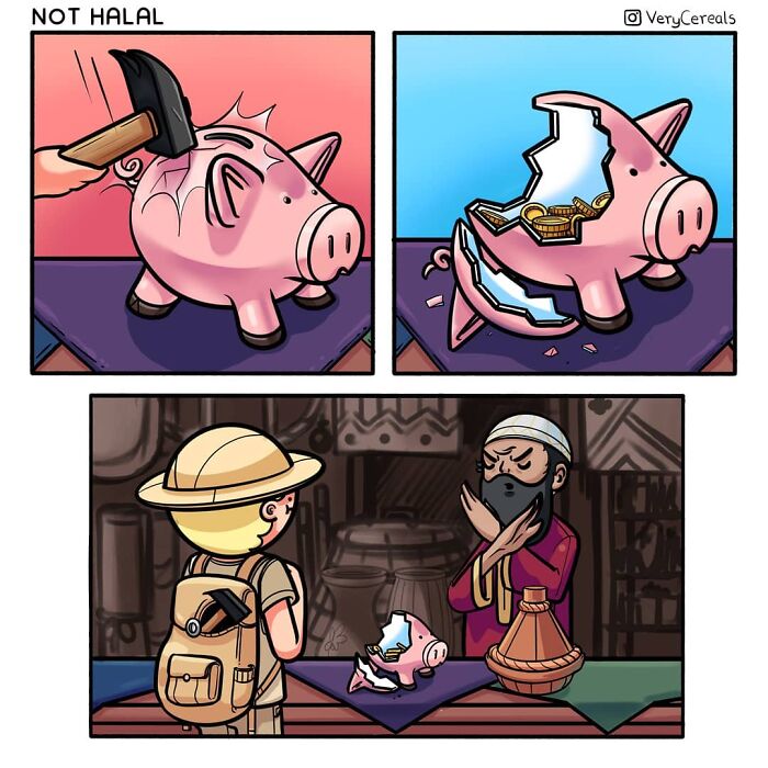 Comic panels showing dark humor with a broken piggy bank and a man refusing it, from Very Cereals comics.