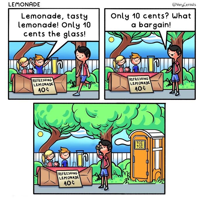 Comic strip by Very Cereals featuring kids selling lemonade with weird and dark humor in an outdoor park setting.