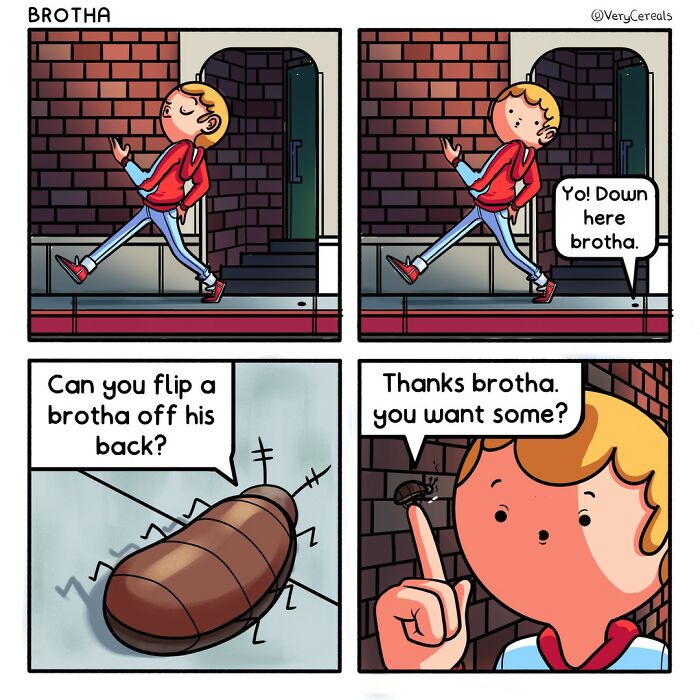 Comic strip by Very Cereals featuring dark humor with a character talking to a bug in an urban setting.