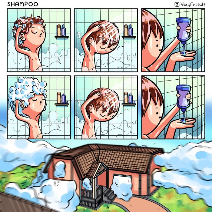 Comic strip by Very Cereals showing a character washing hair with shampoo, humorously covering a whole house in suds.
