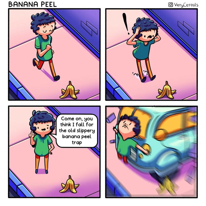 Comic by Very Cereals showing a character avoiding a banana peel slip with dark humor style.