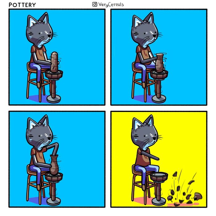 Cat character molding pottery in a comic strip illustrating dark humor from Very Cereals comics.