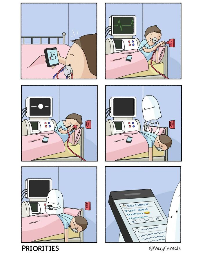 Comic by Very Cereals showing dark humor with a hospital patient and social media priorities.
