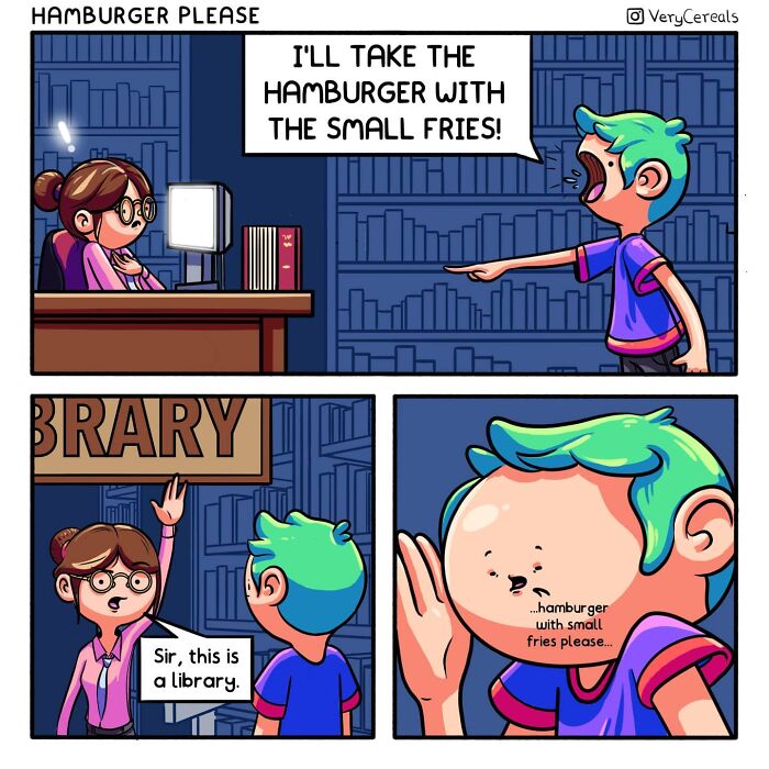 Comic panel by Very Cereals featuring weird and dark humor with a character ordering fries in a library setting.