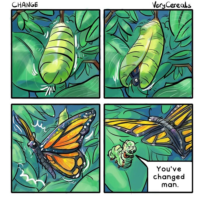 Comic panels showing a caterpillar transforming into a butterfly with dark humor style by Very Cereals.