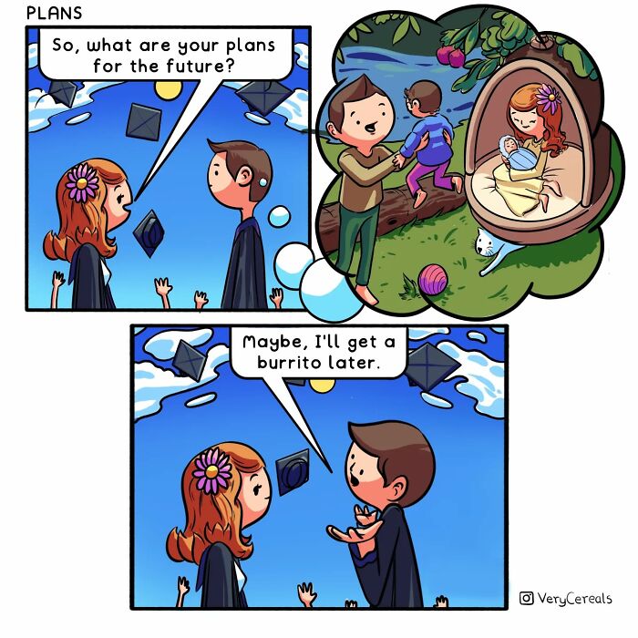 Comic by Very Cereals showing a humorous take on future plans with a surreal and dark humor style.