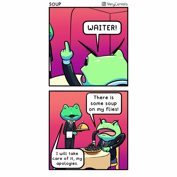 Weird and dark humor comic showing a frog angrily complaining to a waiter about soup on its flies.