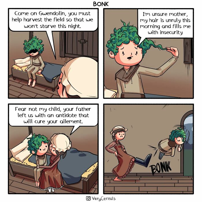 Weird and dark humor comic by Very Cereals showing a mother kicking her child with unruly hair out the door humorously.