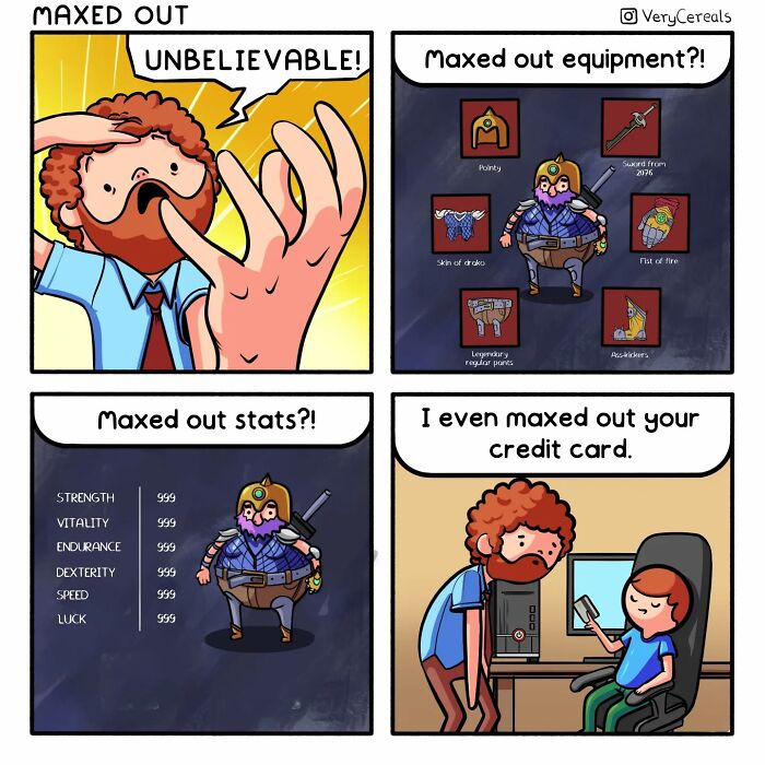 Comic panels showing a man shocked by maxed out stats and equipment, featuring weird and dark humor by Very Cereals.