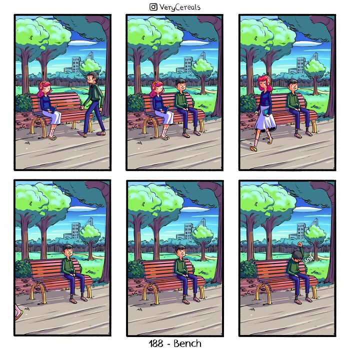 Six-panel comic by Very Cereals showing a man and woman on a park bench with dark humor in a colorful outdoor setting.