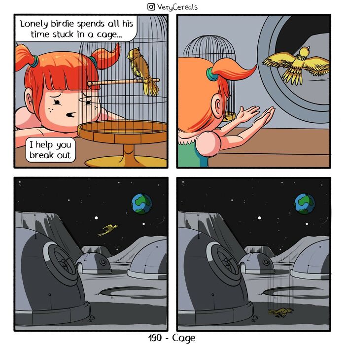Comic strip by Very Cereals showing dark humor with a bird escaping a cage and flying into space near Earth.