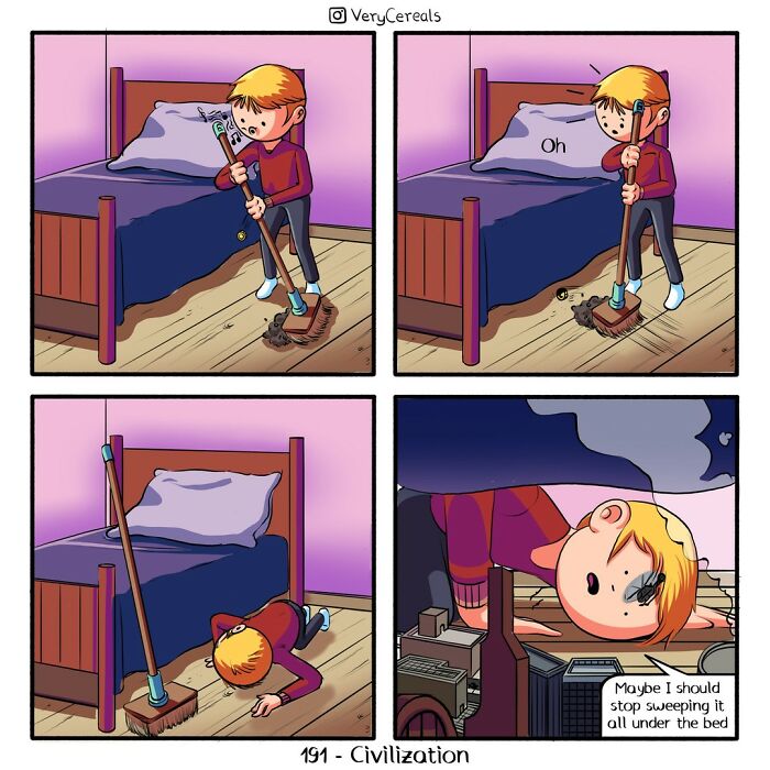 Comic strip by Very Cereals showing dark humor with a boy sweeping dirt under the bed and reflecting on it.