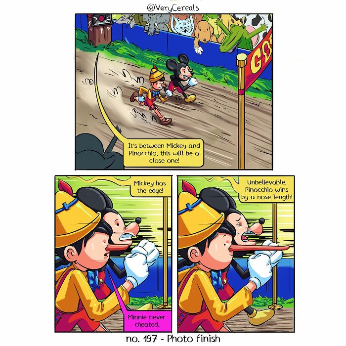 Comic panel by Very Cereals showing dark humor with Mickey and Pinocchio in a race and a joke about winning by a nose length.