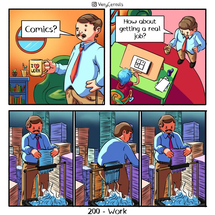 Comic strip by Very Cereals showing dark humor about work with a man shredding papers in a surreal office setting.