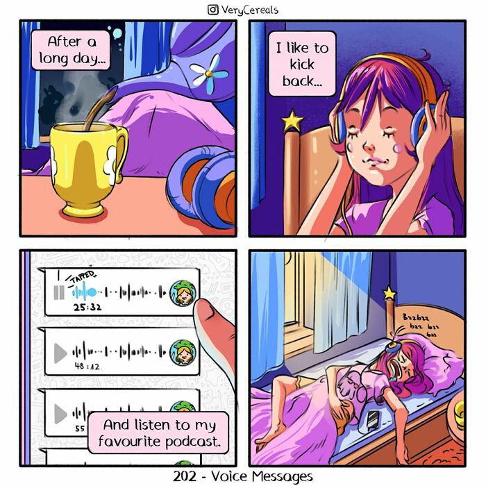 Comic panels showing a girl relaxing with headphones and dark humor podcast, illustrating weird and dark humor comics by Very Cereals.