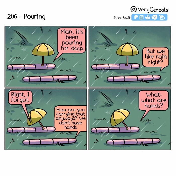Comic strip with worms discussing rain and hands, showcasing weird and dark humor from Very Cereals comics.