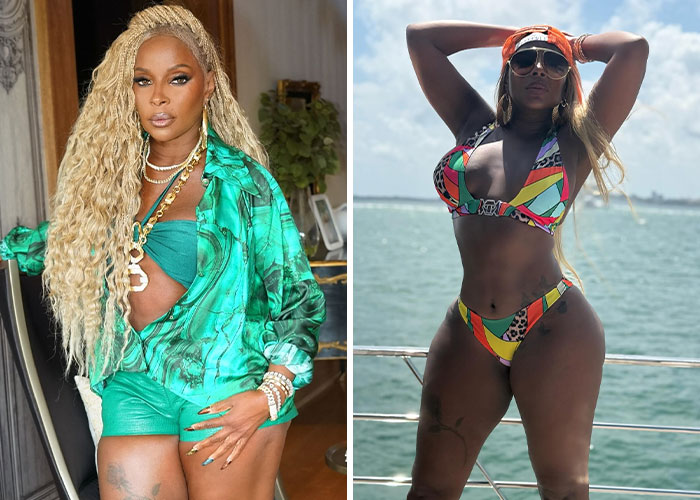Two images of a woman showcasing celebrity beach bodies in 2025, wearing vibrant swimsuits and posing confidently.
