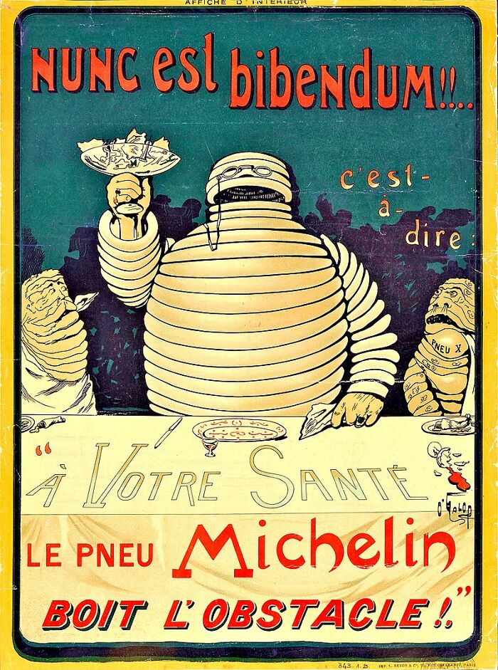 Vintage Michelin poster depicting the Michelin Man raising a glass with Boops Boops fish references in the background.