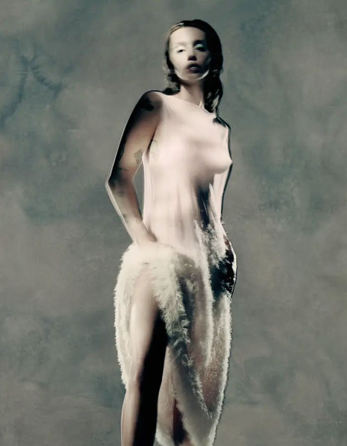 Model wearing a sheer dress with body paint in a Maison Margiela campaign featuring edgy and artistic fashion styling.