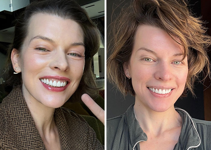 Side-by-side photos of a female star seen without makeup or professional lighting, showcasing natural beauty and clear skin.