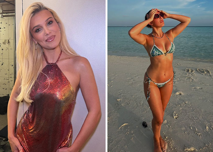 Side-by-side images of a woman in a metallic halter dress and in a bikini on the beach showcasing celebrity beach bodies 2025.
