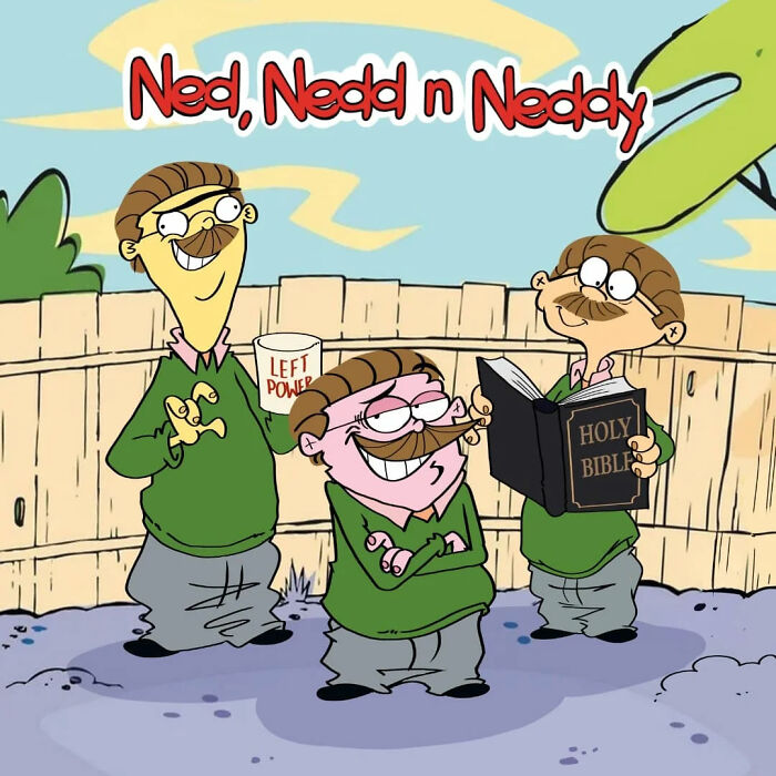 Three cartoon characters in green sweaters with a fence background, showcasing unexpected cartoon mashups style.