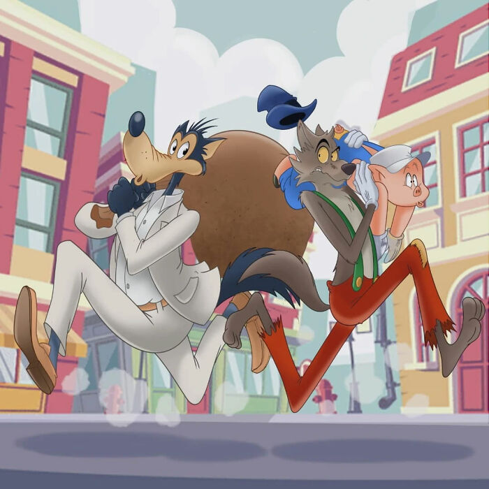 Two cartoon wolves in urban setting, showcasing unexpected cartoon mashups with playful and dynamic poses.