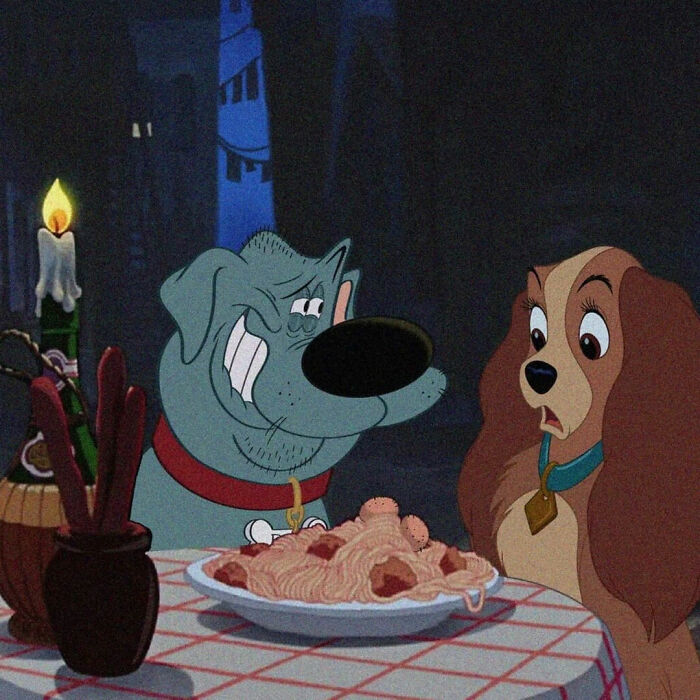 Two classic cartoon dogs sharing a spaghetti dinner in a dark setting, showcasing unexpected cartoon mashups.
