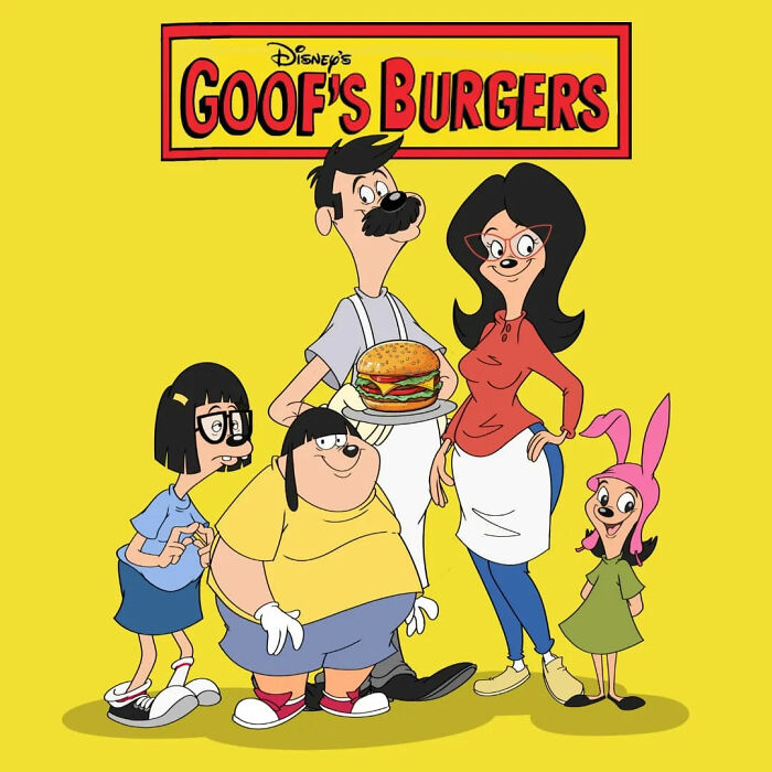 Characters from Goof’s Burgers cartoon mashup holding a burger on a bright yellow background with a bold red sign.
