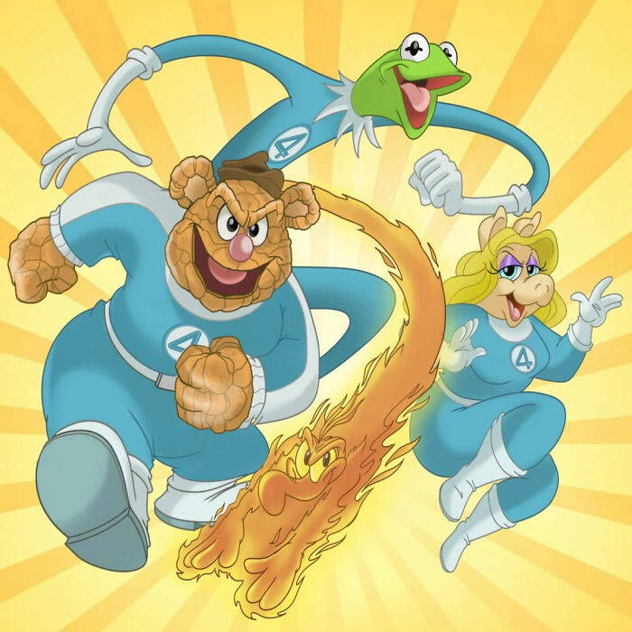 Cartoon mashups featuring Sesame Street characters as the Fantastic Four superheroes in vibrant action poses.