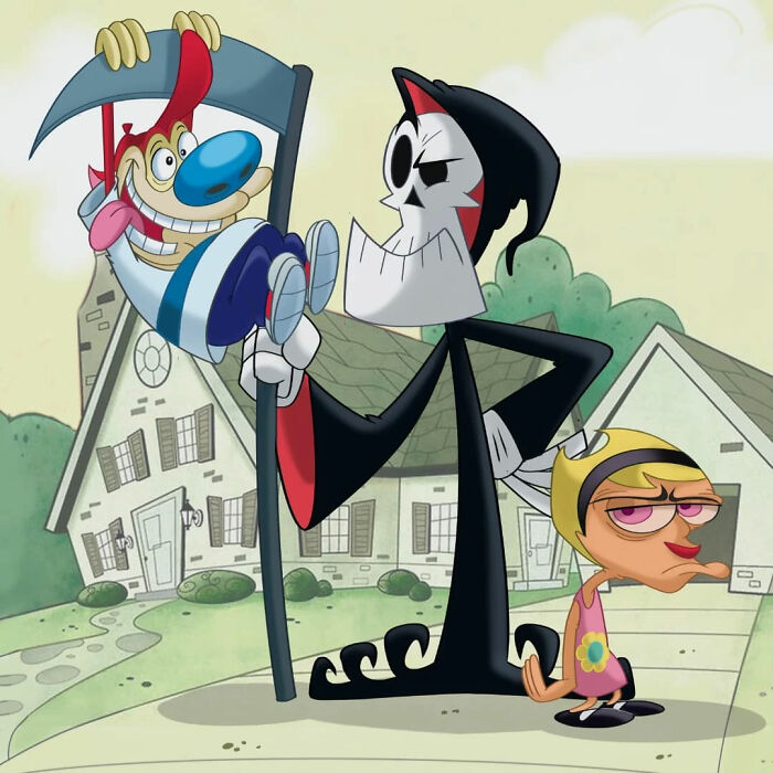 Cartoon mashup featuring Grim Reaper holding Ren and a sulky girl standing outside a suburban house in animation style.