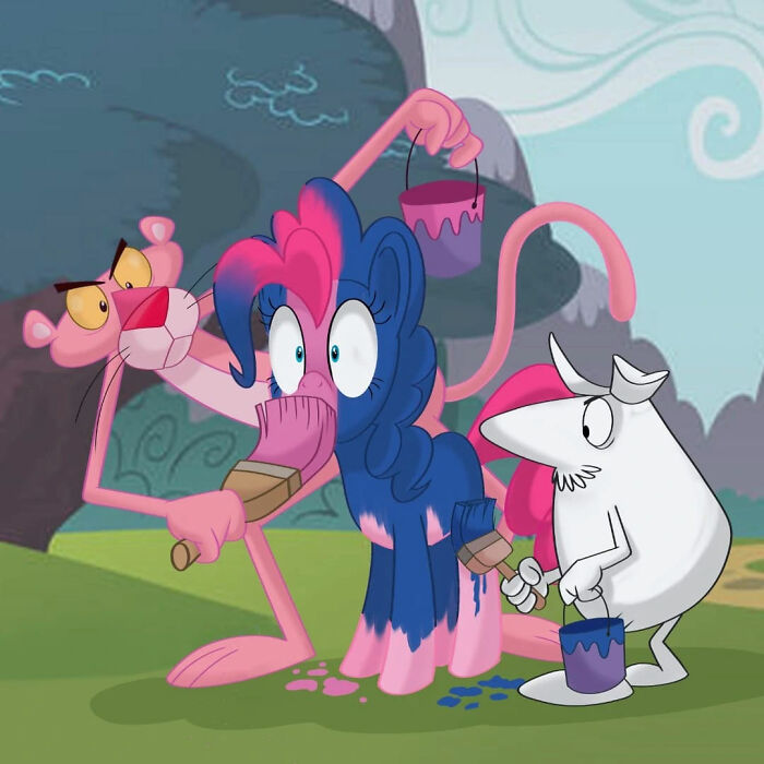 Pink Panther and a cartoon character painting a blue pony in a colorful scene, illustrating unexpected cartoon mashups.