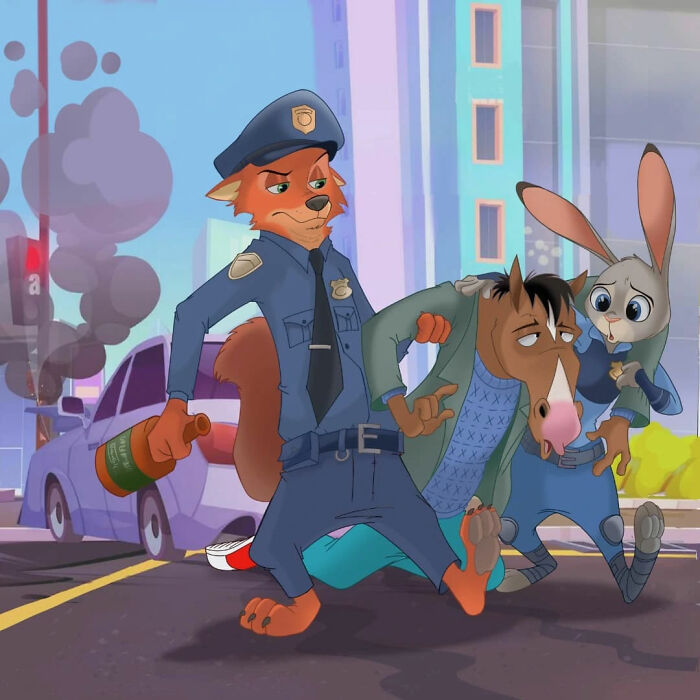 Anthropomorphic cartoon mashup featuring a fox police officer escorting horse and rabbit characters in an urban scene.