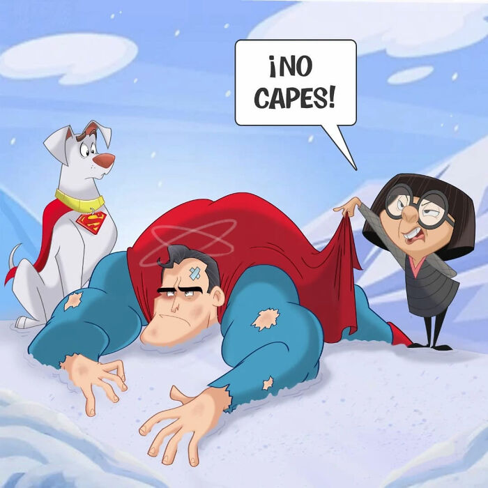 Cartoon mashup featuring a dog in a Superman cape, a defeated superhero, and a character saying no capes in a snowy scene.