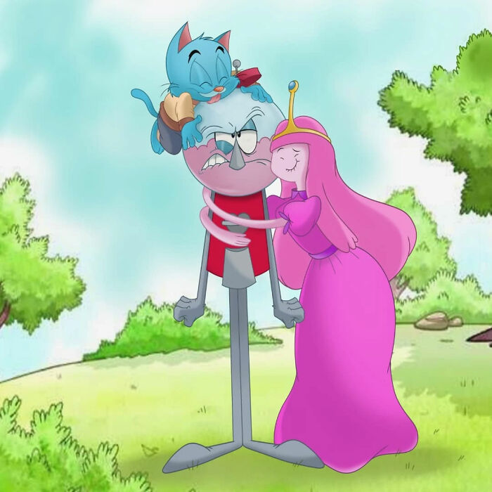 Cartoon mashups featuring animated characters in a vibrant outdoor setting with trees and blue sky.