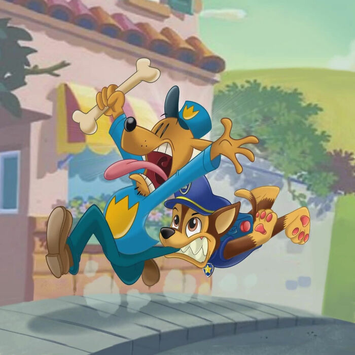 Cartoon mashup featuring a dog character chasing a thief dog in a colorful animated street scene.