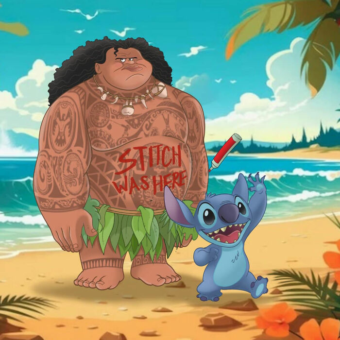 Animated cartoon mashup of tropical characters with tattoos on a beach, highlighting unexpected cartoon mashups theme.