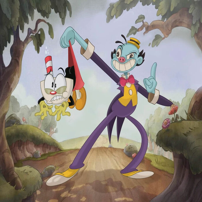 Cartoon mashups featuring a colorful character holding a surprised smaller character in a whimsical forest setting.